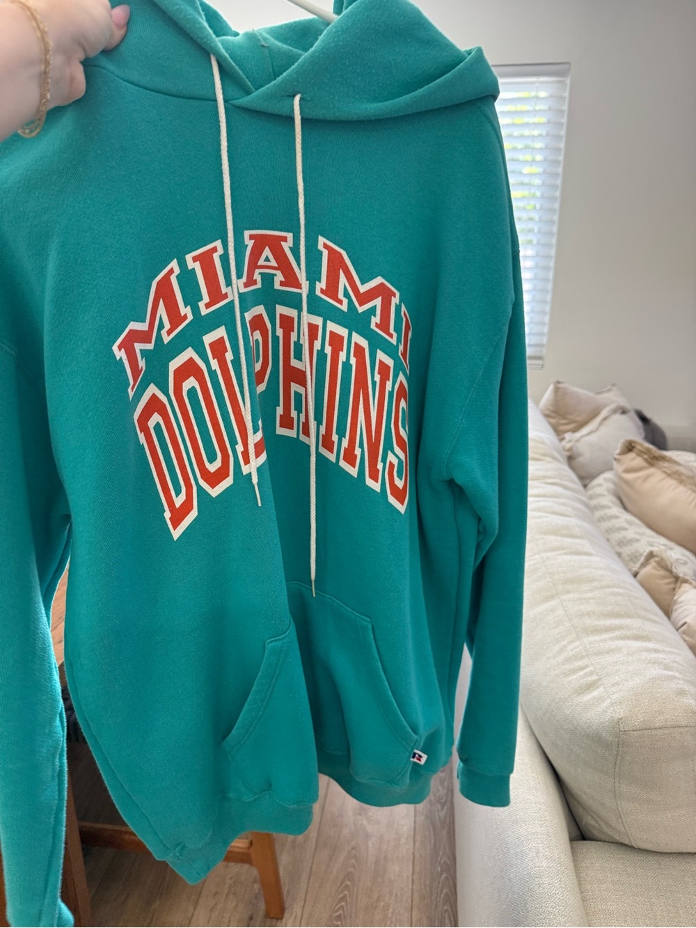 VINTAGE Russell Miami Dolphins Teal Hoodie with Orange & White Lettering